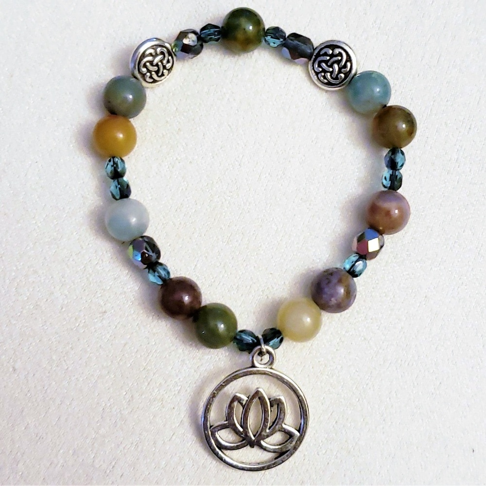 Agate/Amazonite Lotus Stretch Bracelet - Picture 2 of 8